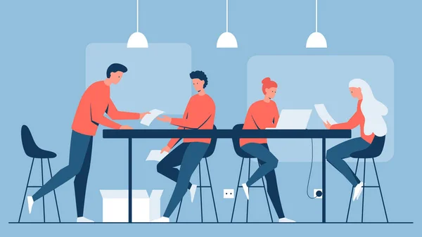 Vektorový koncept ilustrace skupiny lidí v kanceláři, kteří pracují u stolu na projektu. Představuje koncept týmové práce, designového studia a tvůrčí spolupráce — Stockový vektor