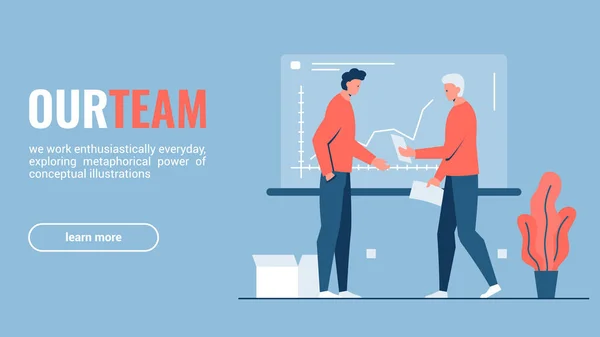 사무실에 있는 두 사람 이 인문 자료를 배경으로 프로젝트 스케치를 토론하는 벡터 컨셉 삽화. 이것은 팀워크, 데이터 표현, 창의적 인 협력의 개념을 나타냅니다. — 스톡 벡터