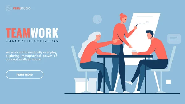 Vector 컨셉 삽화는 사무실에서의 팀 워크가 프레젠테이션 과 함께 회의중 프로젝트를 토론하는 모습을 보여준다. 이것은 팀워크, 데이터 표현, 창의적 인 협력의 개념을 나타냅니다. — 스톡 벡터