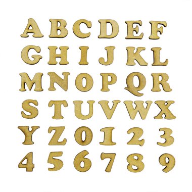 Tam bir alfabe ve sayılar, beyaza izole edilmiş..