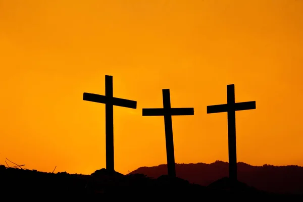 Crucifixion Of Jesus Christ., Three cross silhouette on the mountain at sunset — Stock Photo, Image