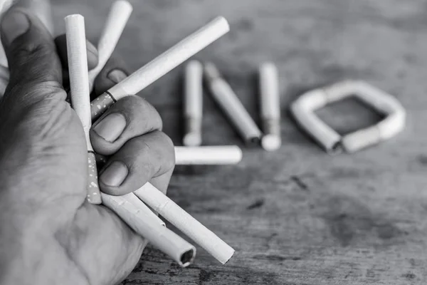 A man's hand breaks a bunch of cigarettes,  No Smoking,  Quit Smoking Concept. World No Tobacco Day,  healthy lifestyle.