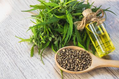  Tahta kaşıkta kenevir tohumu ve kahverengi kavanozda kenevir yağı.