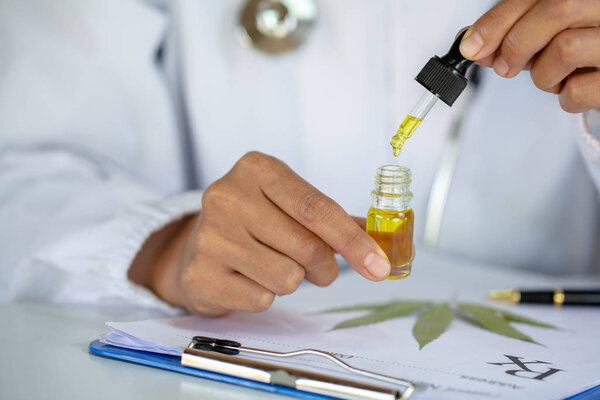 doctor   hand holding bottle of Cannabis oil against Marijuana p