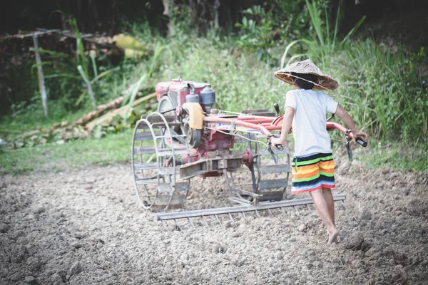 Child labor, Poor children driving a plow farming area, Children — 스톡 사진