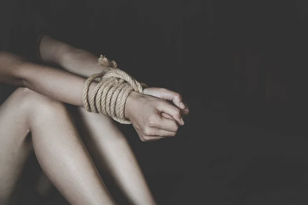 Victims Human Trafficking Process Tied Rope Abused Tortured Concept Stop — Stock Photo, Image