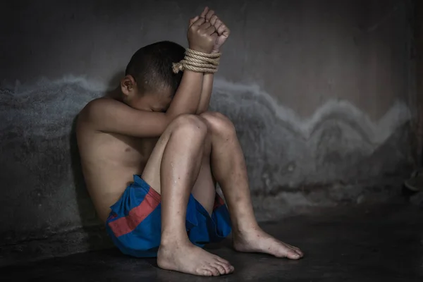 Hopeless Man Hands Tied Together Rope Human Trafficking Stop Abusing — Stock Photo, Image