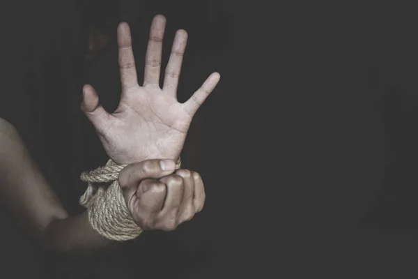 Victims Human Trafficking Process Tied Rope Abused Tortured Concept Stop — Stock Photo, Image