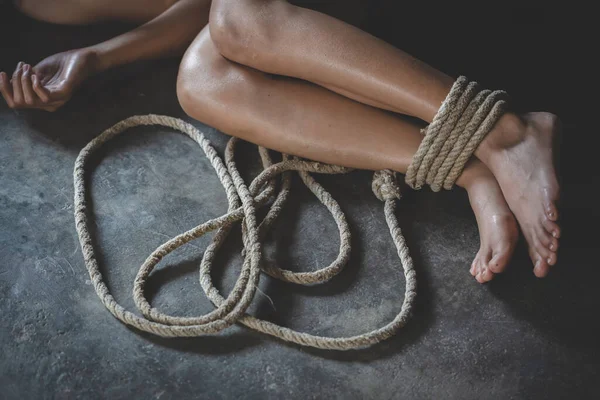 Feet Victim Woman Tied Rope Violence Concept Stop Child Violence — Stock Photo, Image