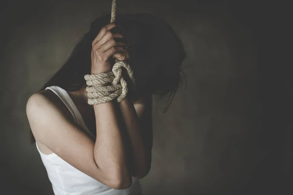Victims Human Trafficking Process Tied Rope Abused Tortured Concept Stop — Stock Photo, Image