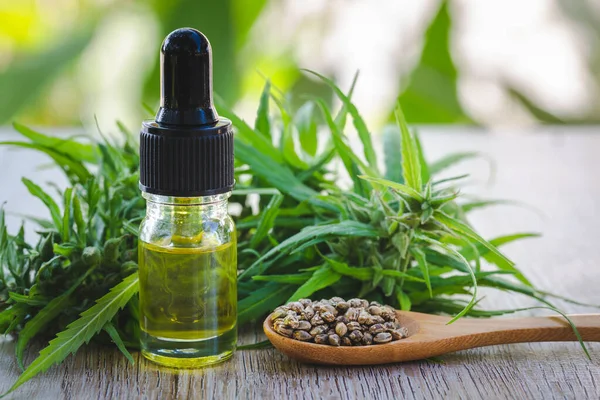 Hennepzaad Houten Lepel Cannabisbladeren Bruine Houten Tafel Medicinale Marihuana Concept — Stockfoto