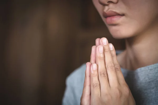 Pay respect, woman Praying hands with faith in religion. Namaste or Namaskar hands gesture,  Prayer position