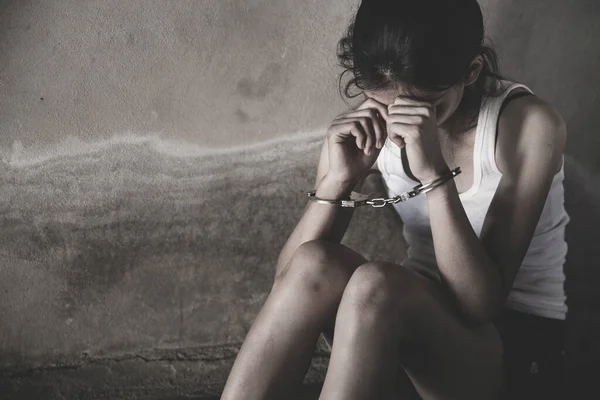 Woman Hands Handcuffs Human Trafficking Concept Stop Violence Women Human — Stock Photo, Image
