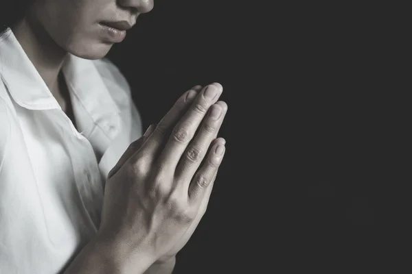 woman Praying hands with faith in religion and belief in God On the morning sunrise background. Namaste or Namaskar hands gesture, Pay respect, Prayer position.