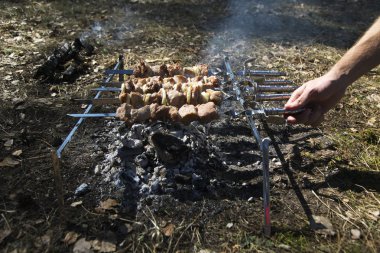 Sulu ve lezzetli domuz eti kebap şiş üzerinde tutan elini. Açık havada mangal. Açık Barbekü partisi konsepti. Erken Bahar günü. Et arka plan. Yan görünüm.