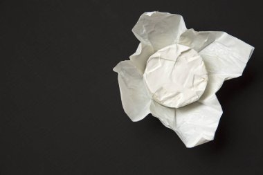 Peynir camembert ya da koyu arka plan üzerinde brie. Süt üretimi. Üstten Görünüm. Yukarıdan. Düz yatıyordu. Kopya alanı. 