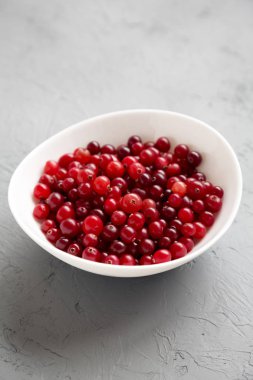 Gri arka planda beyaz bir kasede olgun organik yaban mersini.