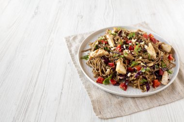 Ev yapımı Baharatlı Tavuk Soba Erişte Salatası Gri bir tabakta