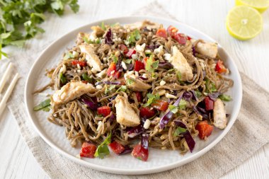 Ev yapımı Baharatlı Tavuk Soba Erişte Salatası Gri bir tabakta