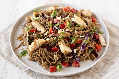 Ev yapımı Baharatlı Tavuk Soba Erişte Salatası Gri bir tabakta