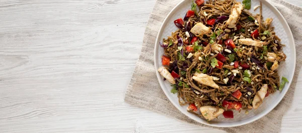 Ev yapımı Baharatlı Tavuk Soba Erişte Salatası Gri bir tabakta — Stok fotoğraf