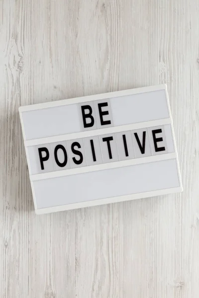 Positive Words Lightbox White Wooden Background Top View Overhead Flat — Stock Photo, Image