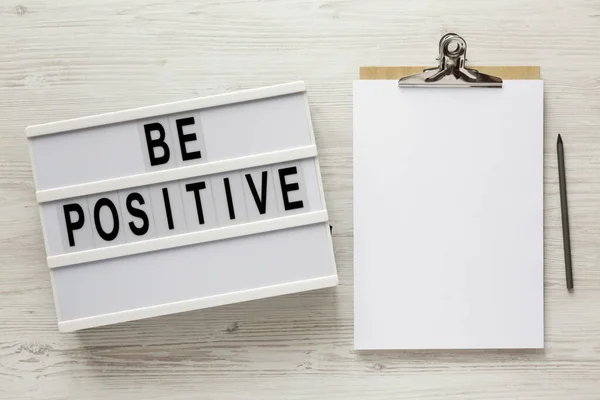 Positive Words Lightbox Clipboard Blank Sheet Paper White Wooden Surface — Stock Photo, Image