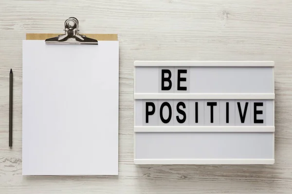 Positive Words Lightbox Clipboard Blank Sheet Paper White Wooden Background — Stock Photo, Image