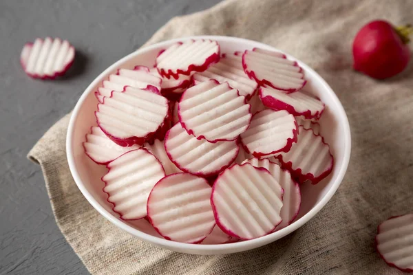 Fresh Radish Chips Slices White Bowl Gray Background Low Angle — Stock Photo, Image