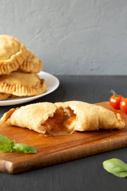Ev yapımı İtalyan Panzerotti Calzone soslu, yan manzaralı. Boşluğu kopyala.