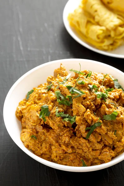 Homemade Chicken Tikka Masala White Bowl Black Background Low Angle — Stock Photo, Image