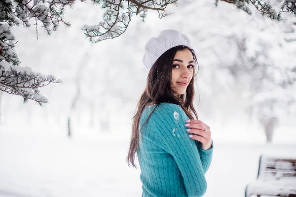 Retrato de una mujer en un parque nevado en un paseo . — Foto de Stock