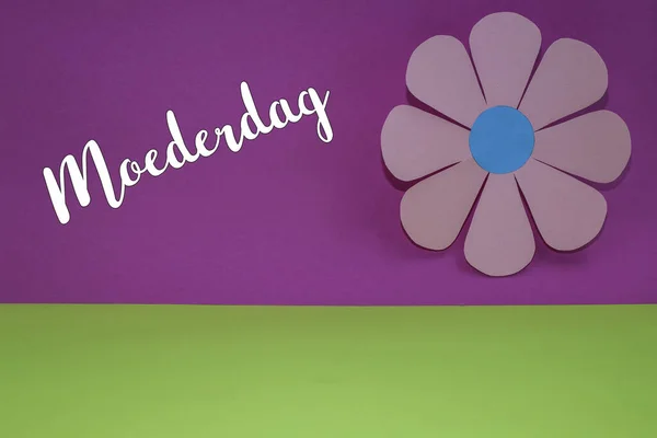 Yeşil ve koyu pembe arka planda pembe kağıt çiçekli Hollandaca kelime Moederdağ (Anneler Günü). Kopya için yer.