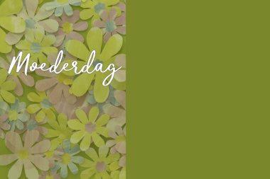 Kağıt çiçeklerle Moederdağ (Anneler Günü) konsepti. Metin için alanı olan yeşil arkaplan. 