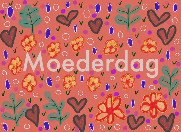 Hollanda dilinde Moederdağ kelimesi ve pembe arka planda elle boyanmış çiçeklerle anneler günü illüstrasyonu.