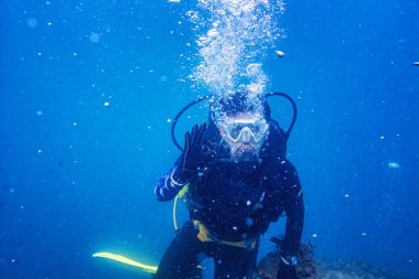 Scuba diver diving on tropical reef with blue background and reef fish at Gulf of Thailand