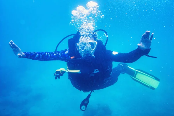 Scuba diver diving on tropical reef with blue background and reef fish at Gulf of Thailand