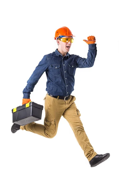 Retrato de reparador (constructor) en casco y con caja de herramientas en manos aisladas sobre fondo blanco —  Fotos de Stock