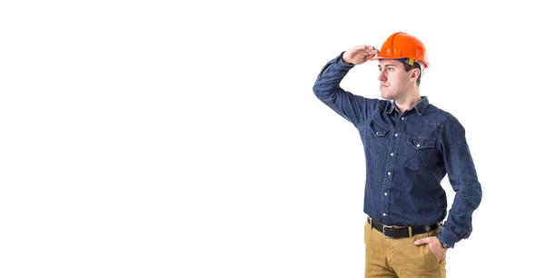Portrait of repairman (builder) in helmet gesturing okay isolated on white background. Copy space — Stock Photo, Image