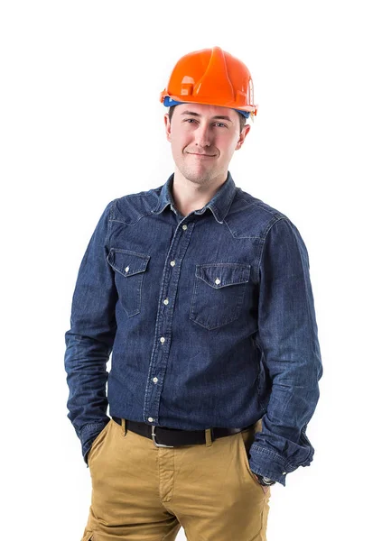 Retrato del reparador (constructor) en el gesto del casco bien aislado sobre fondo blanco —  Fotos de Stock