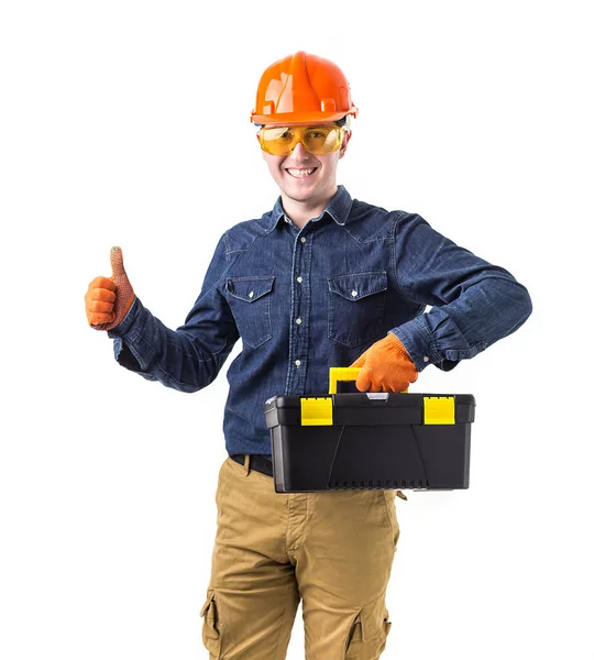 Portrait of repairman (builder) in helmet and with tool box in hands isolated on white background — Stock Photo, Image