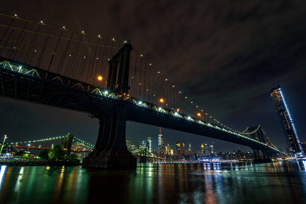 View on Manhattan Bridge from John Street Park at night
