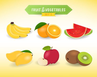 Fruit & Vegetable sets, minimal style. Fresh fruits with banana, orange, watermelon, mango, apple, and kiwi.
