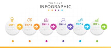 İş için bilgi şablonu. Çemberli 6 Adım Modern Zaman Çizgisi diyagramı, sunum vektörü bilgisi.