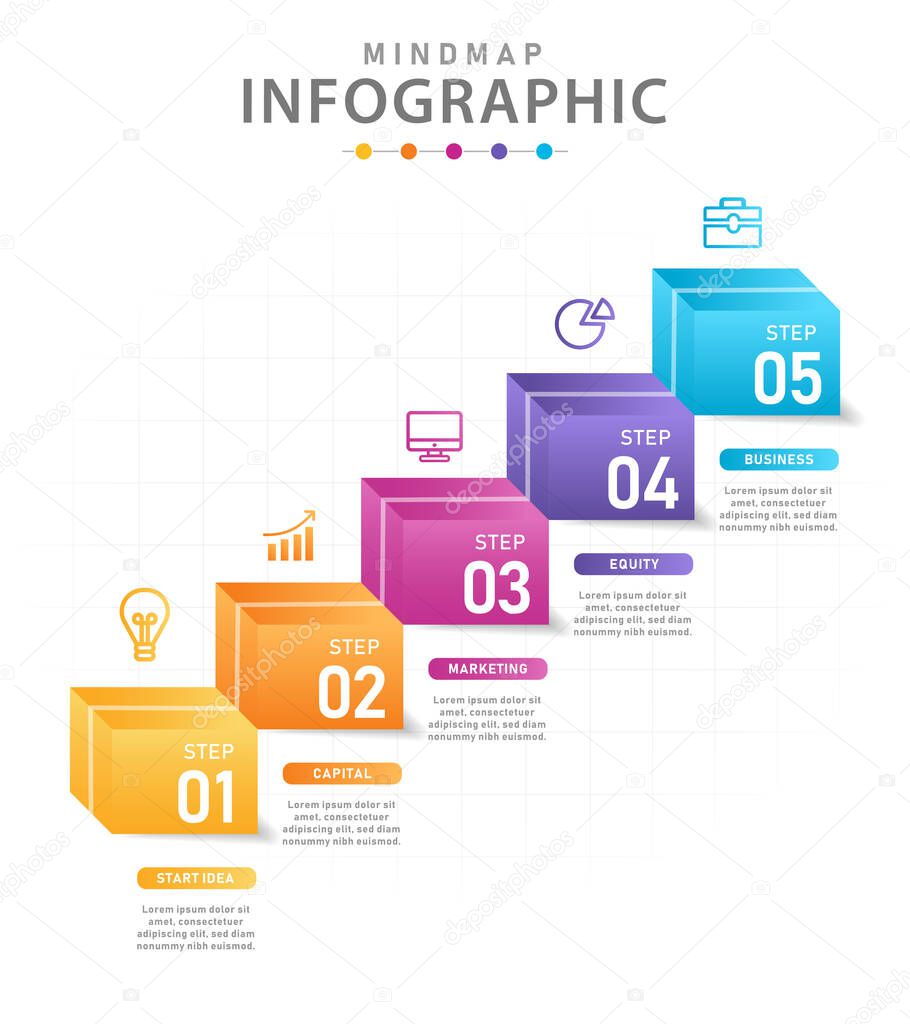 Infographic template for business. 5 Steps Modern Mindmap diagram with boxes, presentation vector infographic.