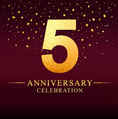 5 yıl yıldönümü kutlama logo. Koyu pembe arka plan, davetiye, tebrik kartı için vektör tasarım üzerinde altın yıldönümü logolu.