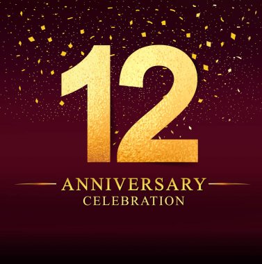 12 yıl yıldönümü kutlama logo. Koyu pembe arka plan, davetiye, tebrik kartı için vektör tasarım üzerinde altın yıldönümü logolu.