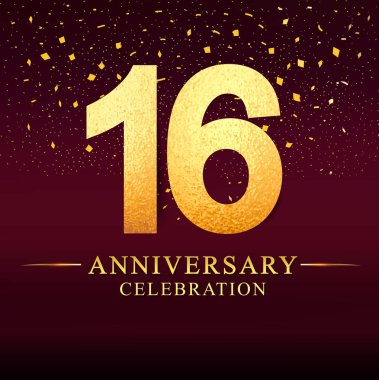 16 years anniversary celebration logotype. Anniversary logo with golden on dark pink background, vector design for invitation card, greeting card. clipart