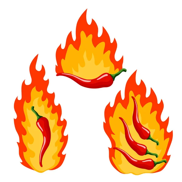 Zestaw czerwony gorący papryki chili z płomieni — Wektor stockowy