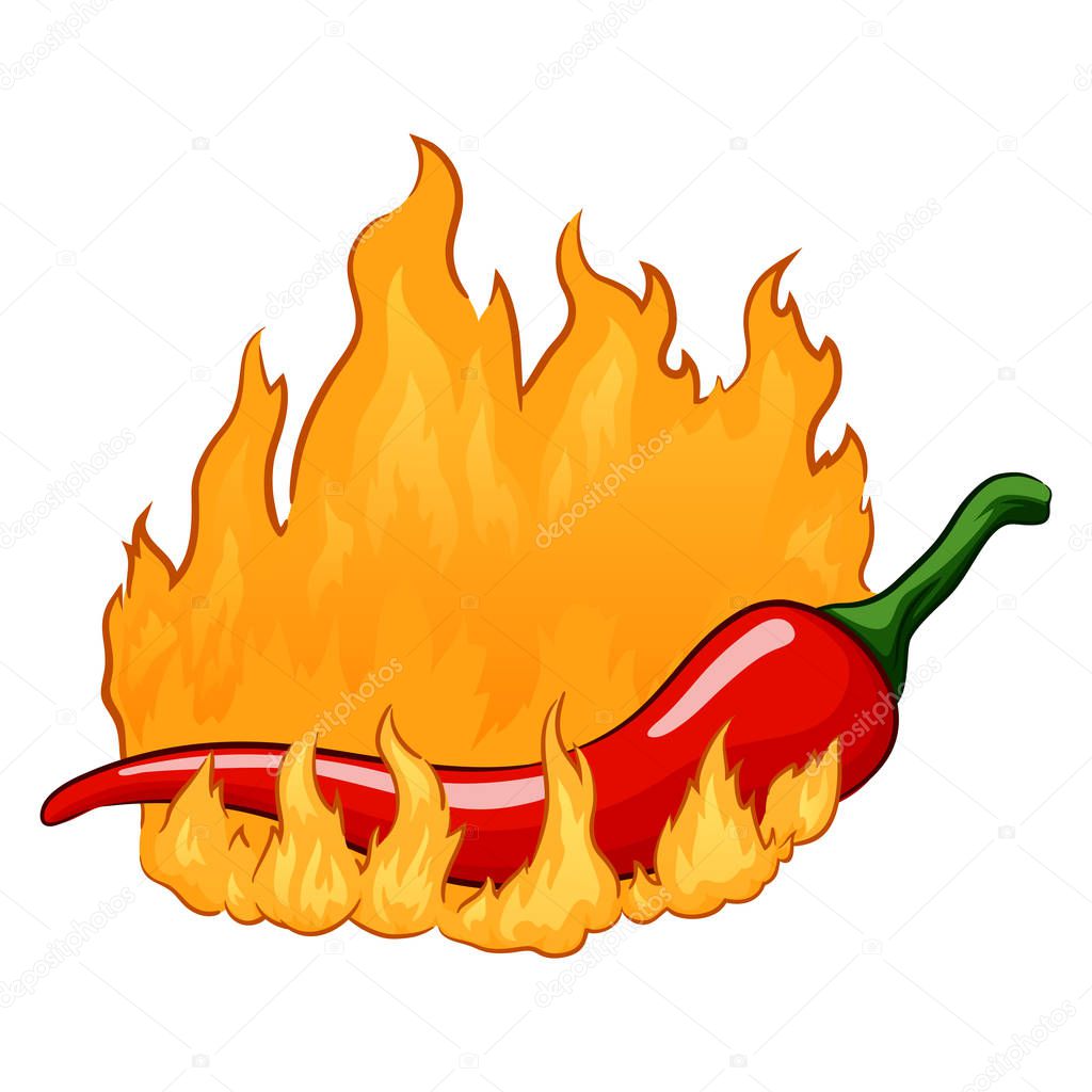 Cartoon illustration of red hot chili pepper with fire.